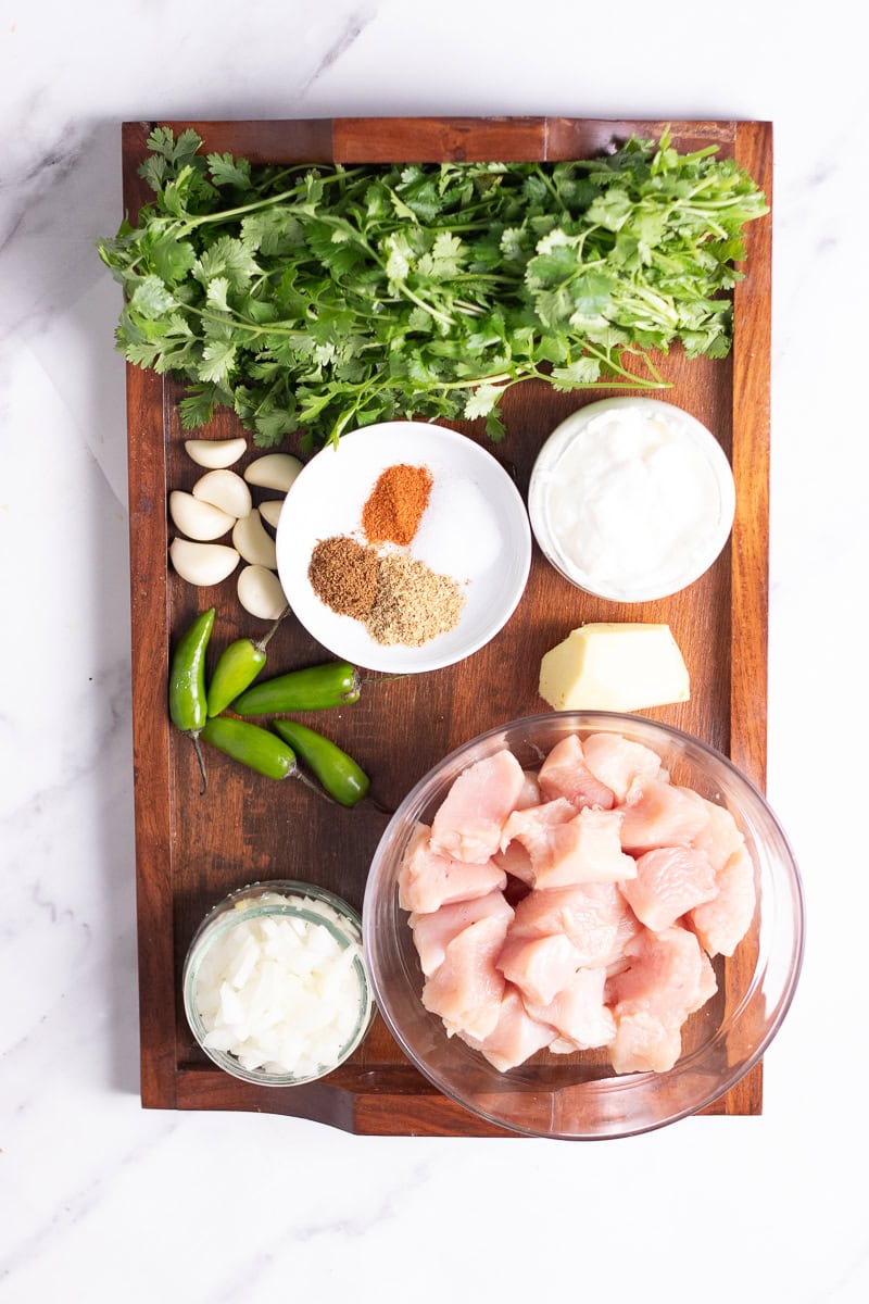 top down view of ingredients for Hara Masala Chicken or green masala chicken