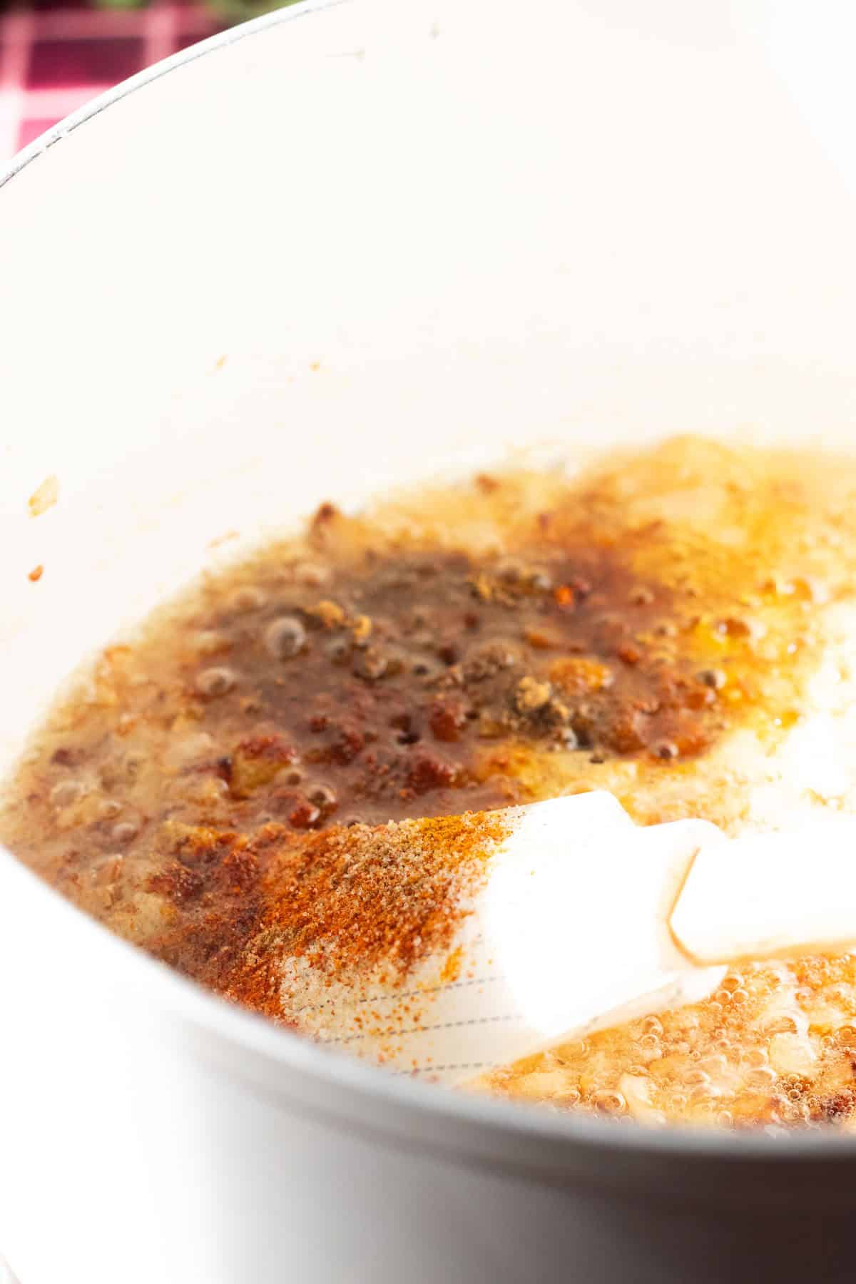 garlic, ginger, and spices sauteed with the onion base for aloo gosht.