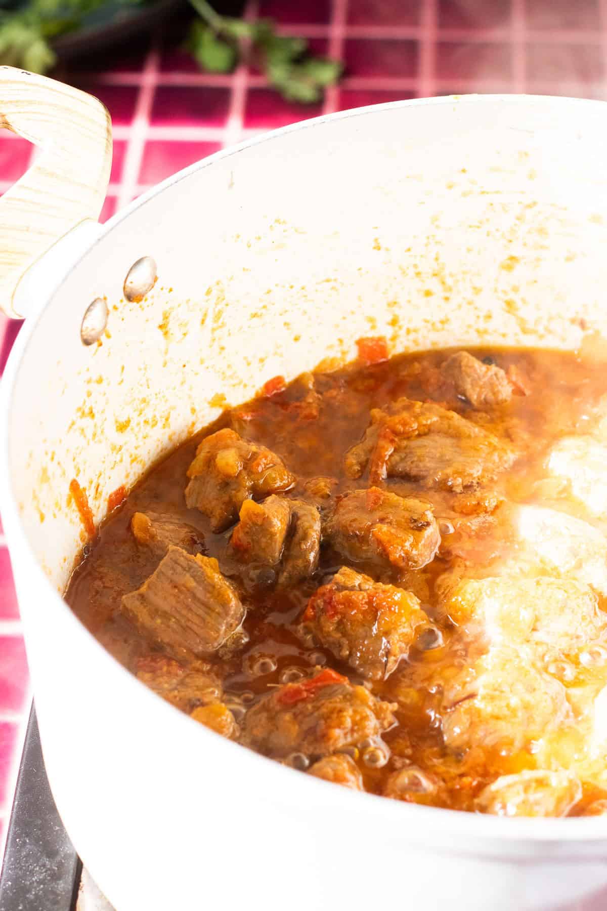 meat cubes browned in the gravy base.