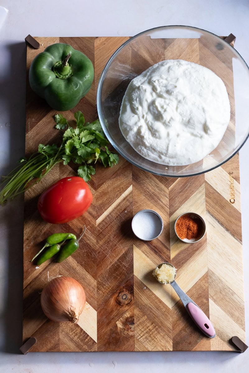 top down view of sabzi raita ingredients 