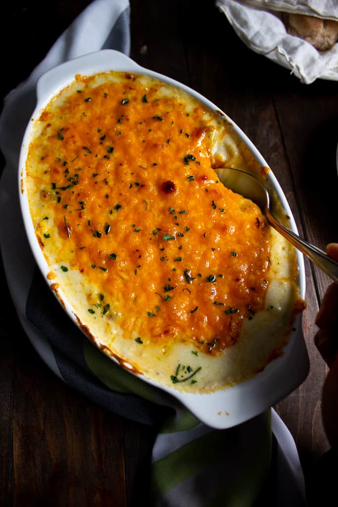 Chicken and Cheese Casserole top down shot with a spoon 