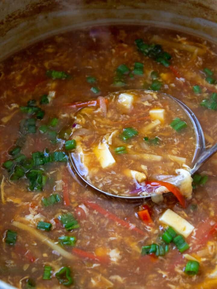 hot and sour soup in a pot with the ladle showing