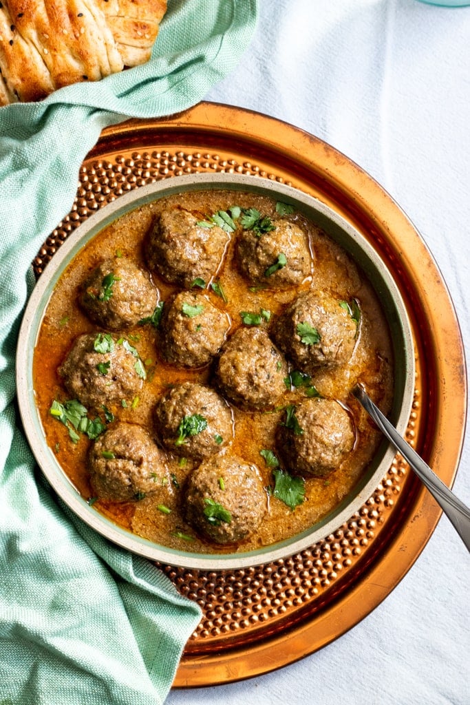 top down view of a dish of koftay ka salan