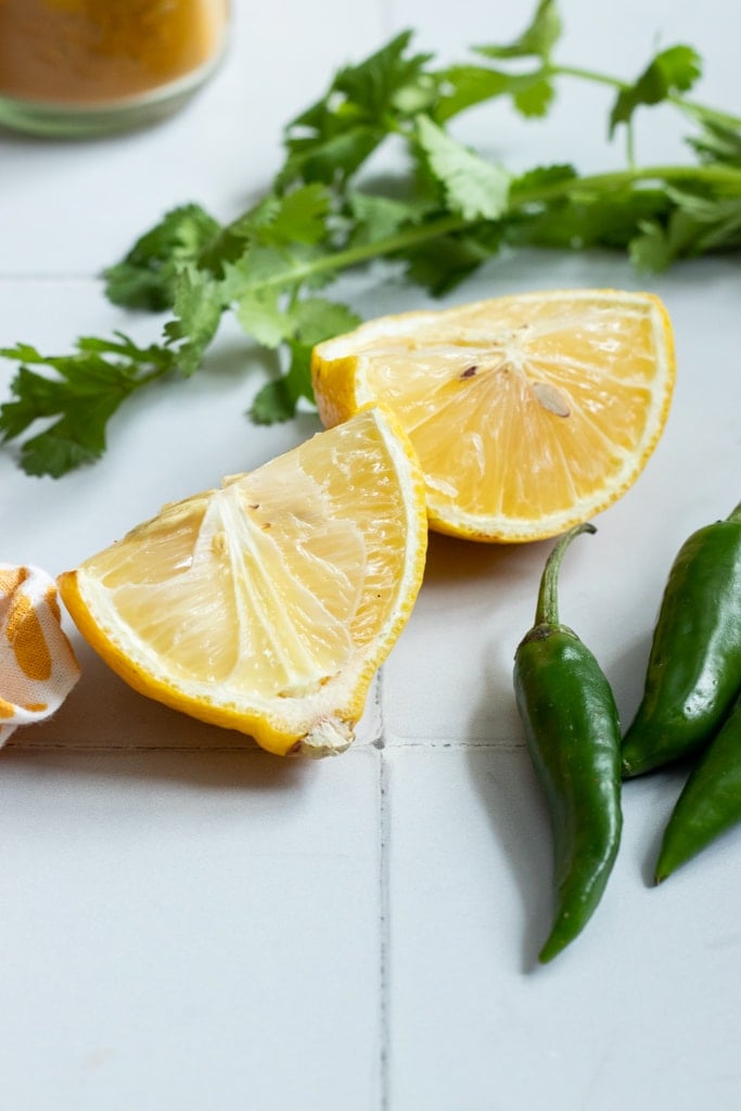 lemon, green chillies and cilantro for moong masoor daal 