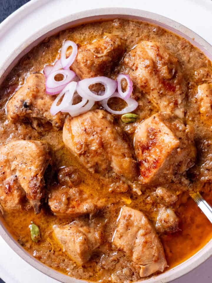 chicken korma garnished with rings of shallots