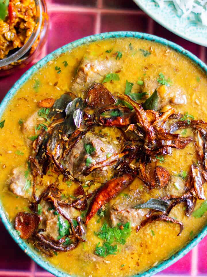 top down view of a richly flavored dal gosht