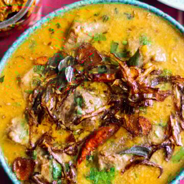 top down view of a richly flavored dal gosht
